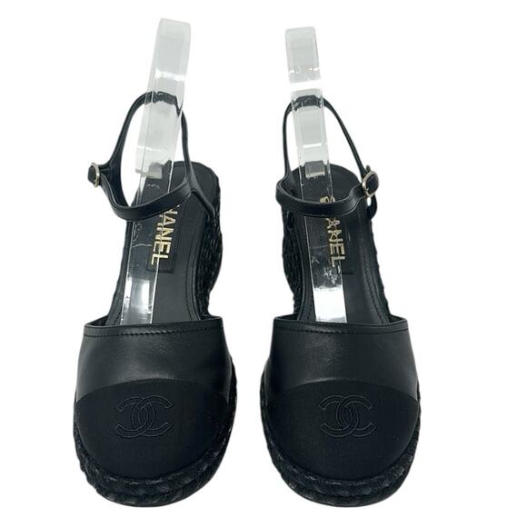 Chanel Lambskin Grosgrain CC Cap Toe Wedge Espadrilles Black Size 37 - Picture 1 of 13